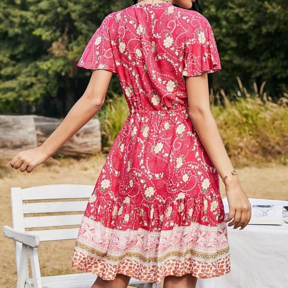 boho v neck floral button paisley red ruffle dress - Picture 3 of 4